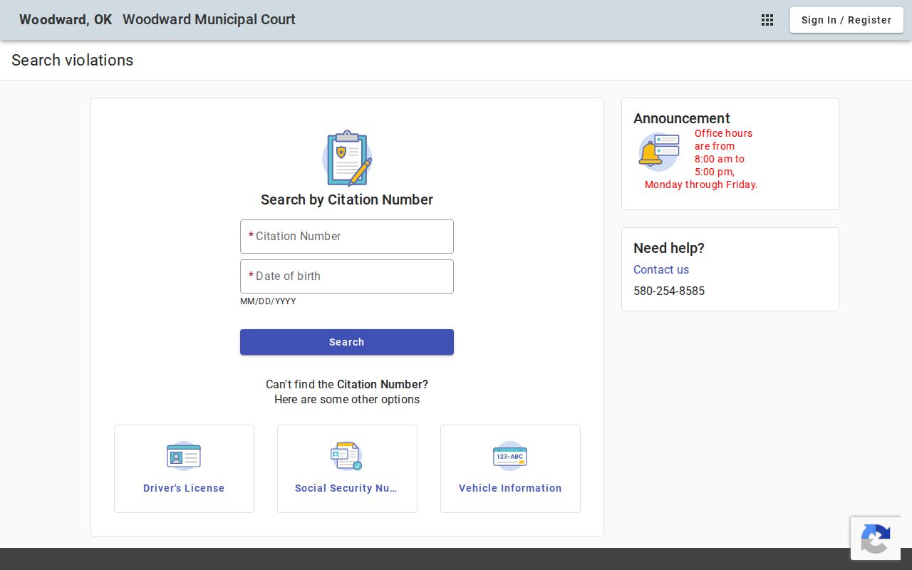Woodward County bench warrants municipal court search route